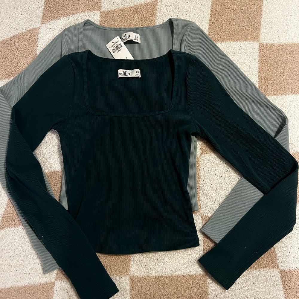 Women's Ribbed Long Sleeve Top - Dark Green & Teal